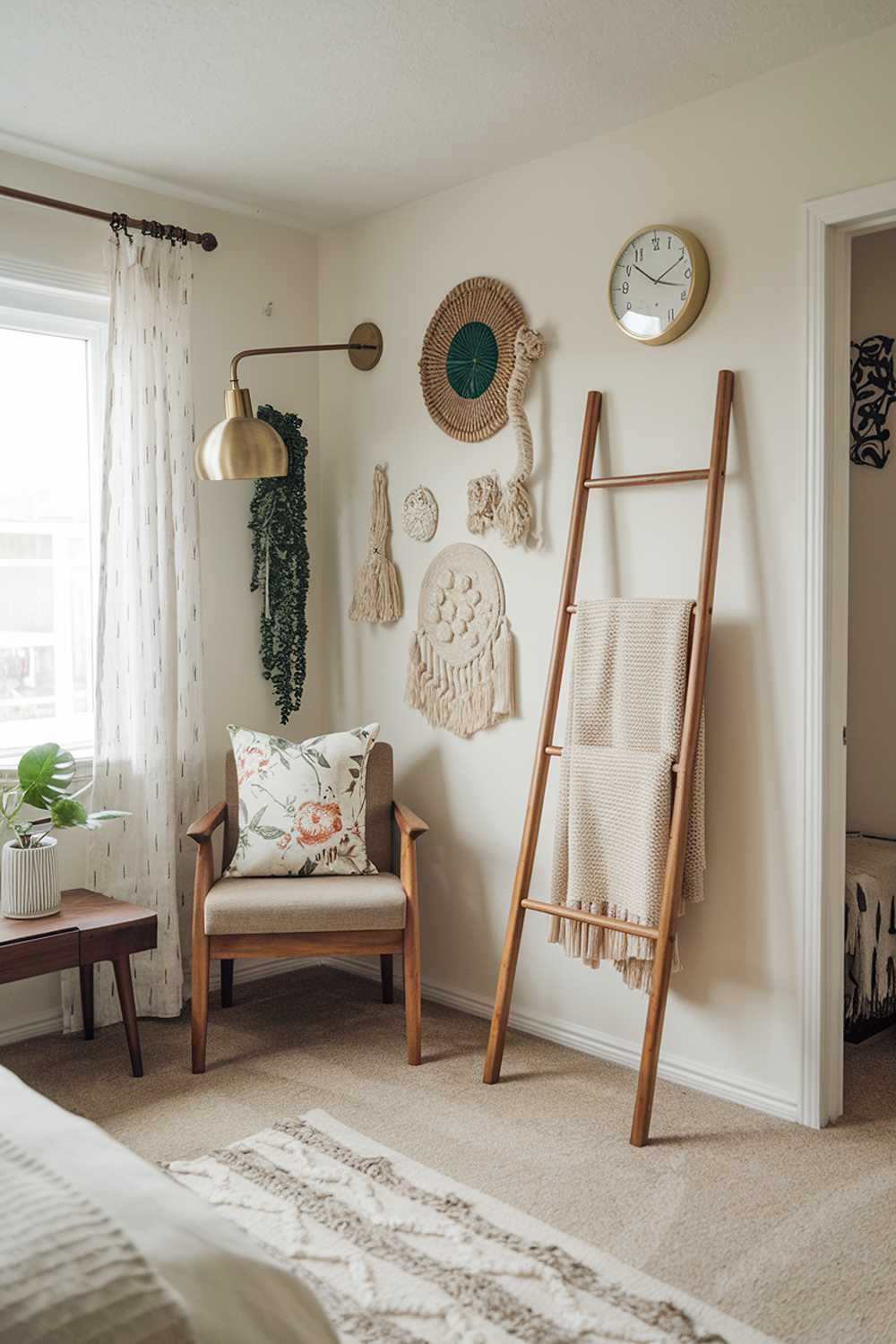 A modern boho bedroom decor. The room has a white wall, a beige carpet, and a wooden floor. There is a wooden ladder leaning against the white wall. On the wall, there are various decorative items such as a floral patterned throw pillow, a beige blanket, a green plant, a brass lamp, and a wall clock. The room has a wooden chair and a small wooden table. The room has a window with white curtains. There is a door leading to another room.