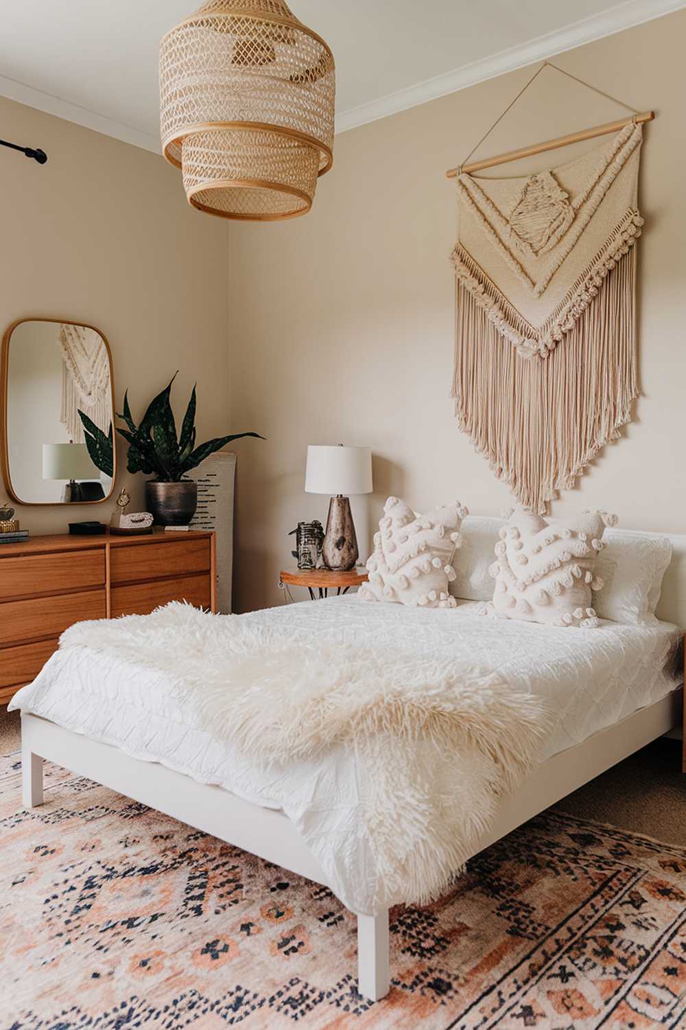 A modern boho bedroom decor. The room has a white bed frame with a fluffy white duvet and two decorative pillows. There's a large, woven wall hanging above the bed. The room has a wooden dresser with a mirror and a lamp. A plant is placed on the dresser. The floor is covered with a large, patterned rug. The walls are painted in a soft beige hue.