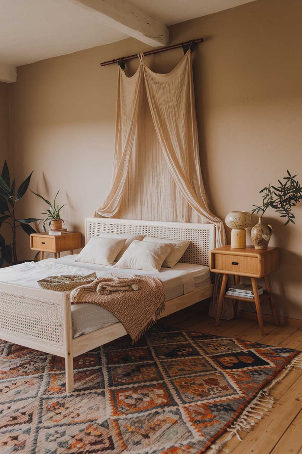 A cozy modern boho bedroom with a stylish decor. The bedroom has a beige wall and a wooden floor. There is a large, patterned rug in the center of the room. A white wooden bed with a woven texture is placed on the rug. There are two white wooden nightstands on either side of the bed. The nightstand on the right has a ceramic lamp and a small plant. The nightstand on the left has a stack of books. There is a beige curtain on the wall behind the bed. The room has a warm lighting.