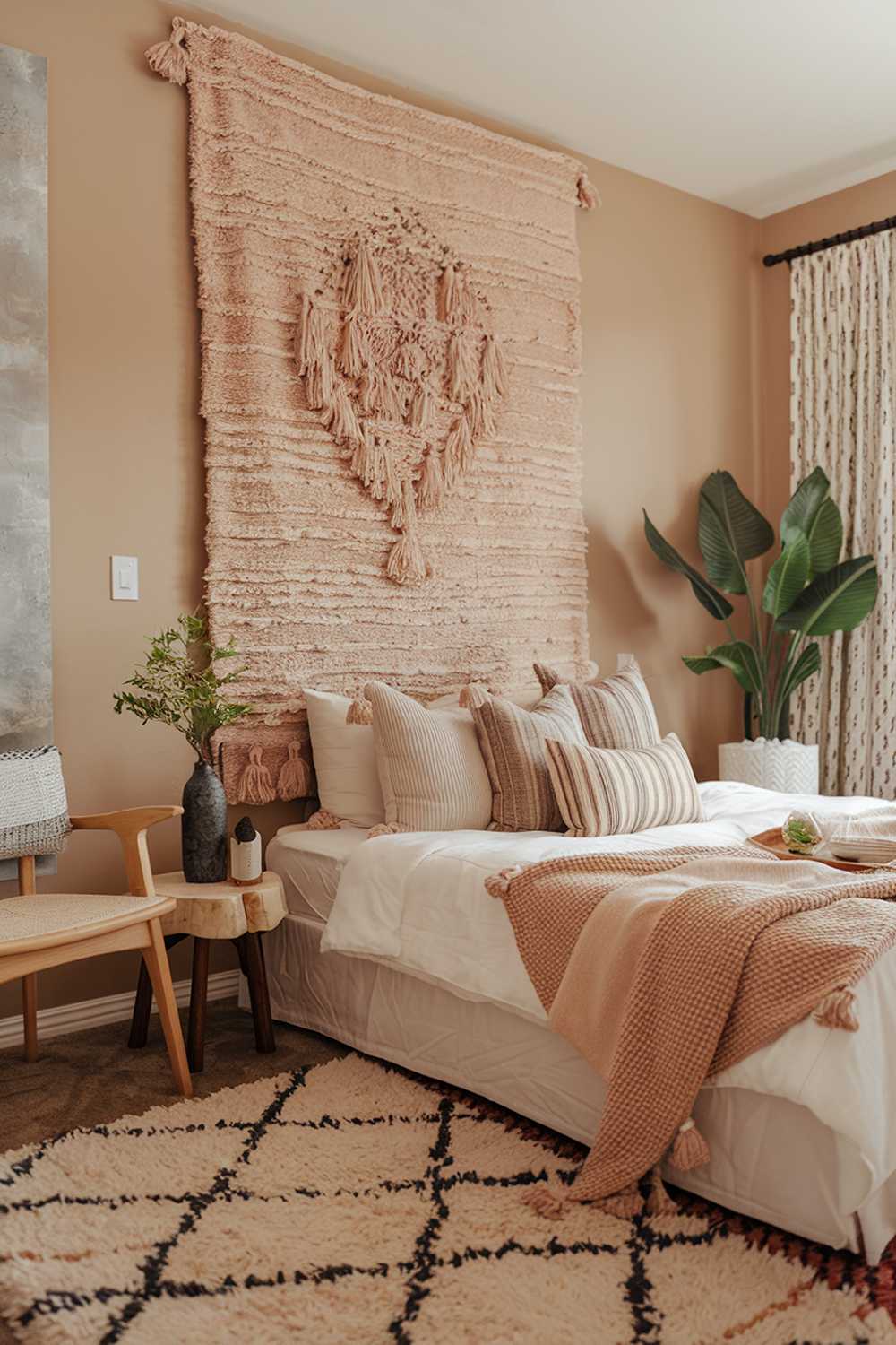 A modern boho bedroom decor with a stylish and highly detailed design. The room features a plush rug, a large wall decoration, a wooden chair, a plant, and a white bed frame. The bed is adorned with multiple pillows in various shapes and sizes. The walls are painted in a soft beige hue. The room has a warm and inviting ambiance.