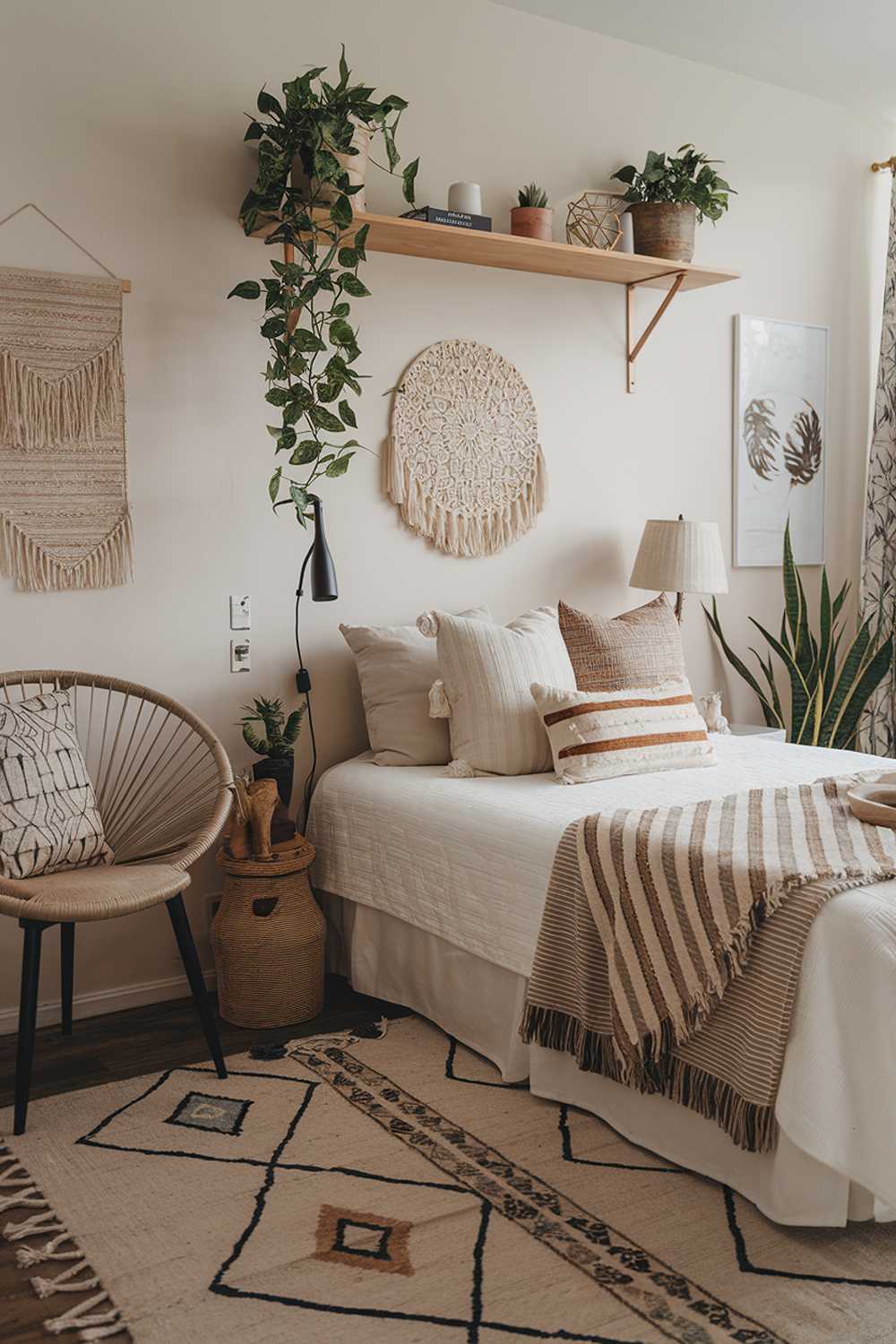 A modern boho bedroom with a stylish, highly detailed decor. The room has a white bed with a woven blanket and a variety of throw pillows. There's a wooden shelf above the bed with plants, a lamp, and a decorative item. The floor has a rug with a geometric pattern. There's a chair with a patterned cushion near the bed. The walls have a few pieces of wall art. The lighting is soft.