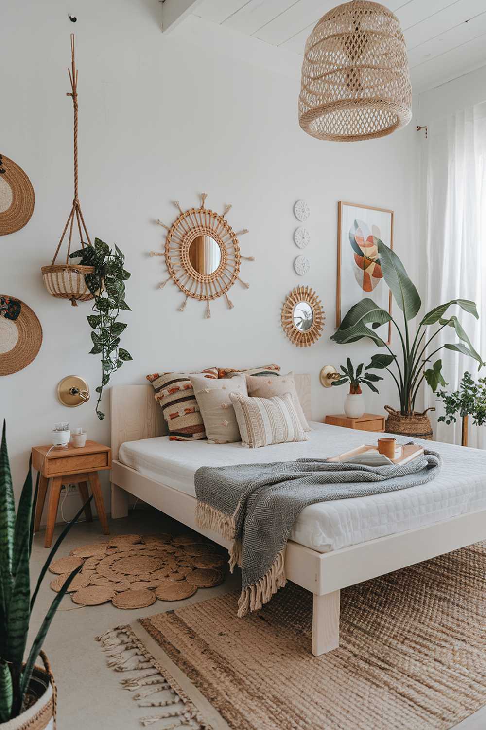 A colorful modern boho bedroom decor. The room has a white wooden platform bed with a woven gray blanket and multiple throw pillows. There's a wooden bedside table on each side of the bed. A hanging woven basket is placed near the bed. The walls are adorned with potted plants, a decorative mirror, and a few artworks. The floor is covered with a large woven rug.