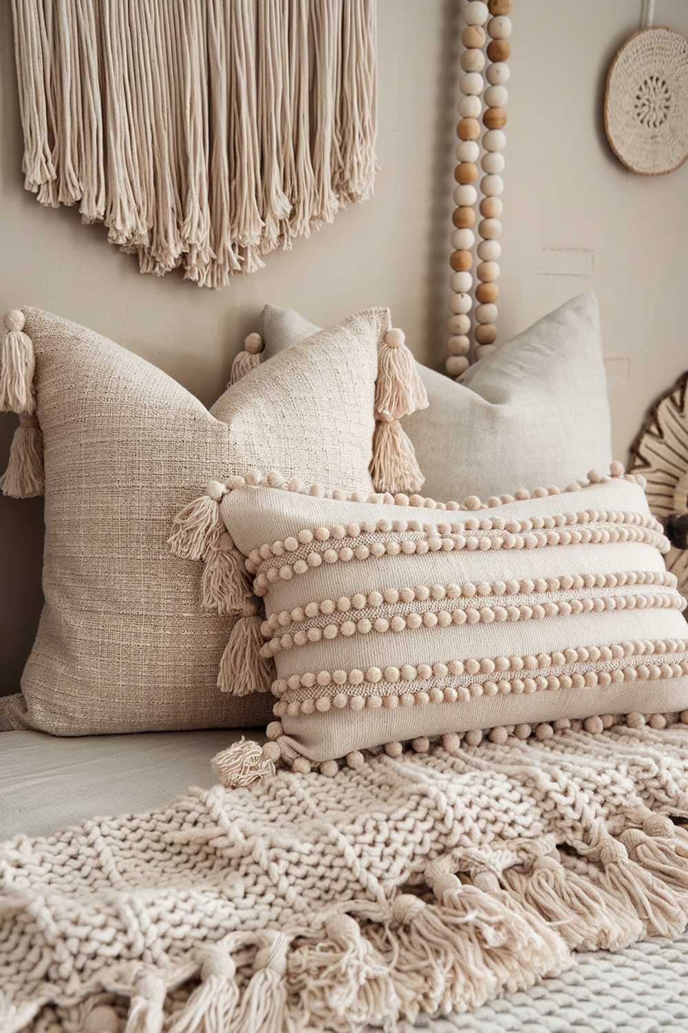 A modern boho bedroom decor. There is a beige knit throw blanket with tassel fringe, a beige cotton throw pillow with a subtle pattern, and a beige cotton throw pillow with a pom-pom trim. There is a wooden bead garland hanging on the wall. The background is a beige wall with a few decorative items.