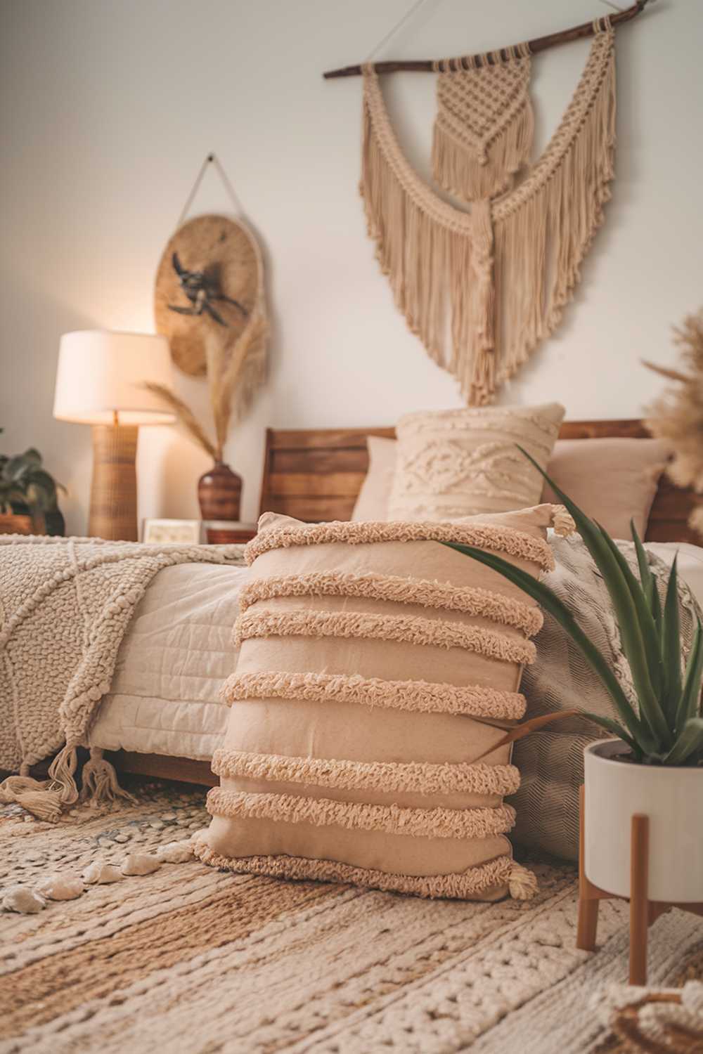 A modern boho bedroom decor. The image includes a woven rug, a macrame wall hanging, a wooden headboard with a few pillows, and a few decorative items. The background is blurred out, revealing a few more decorative items, a lamp, and a plant. The overall image has a warm hue.