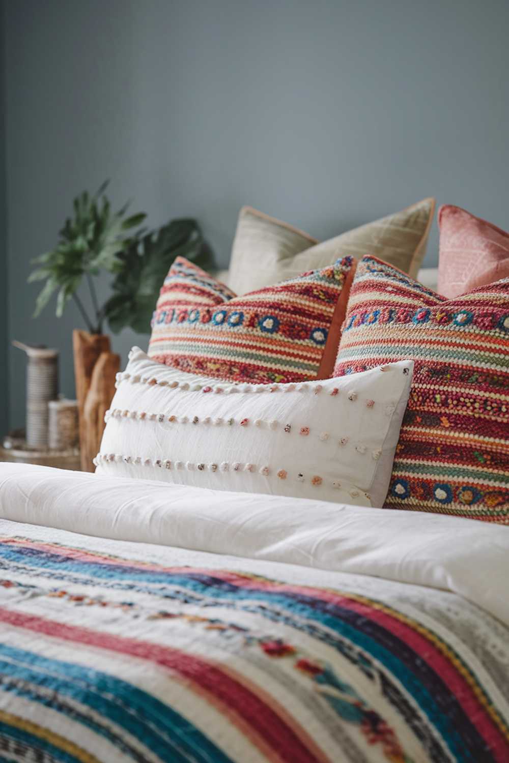 A modern boho bedroom decor. The photo is focused on the bedding, which is a white duvet with a variety of colorful pillows. There are a few decorative items on the bed, such as a small plant and a wooden object. The wall behind the bed is painted in a muted blue hue.