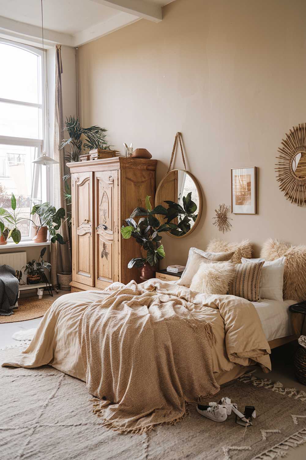 A cozy modern boho bedroom decor. The room is filled with natural light, with a large window on the left side. The bed is the focal point, adorned with fluffy pillows and a plush comforter. The walls are painted in a soft beige hue. There's a vintage wooden wardrobe, a round mirror, and a few decorative items on the wall. The floor is covered with a large rug. The room has a few plants, adding to the boho vibe.