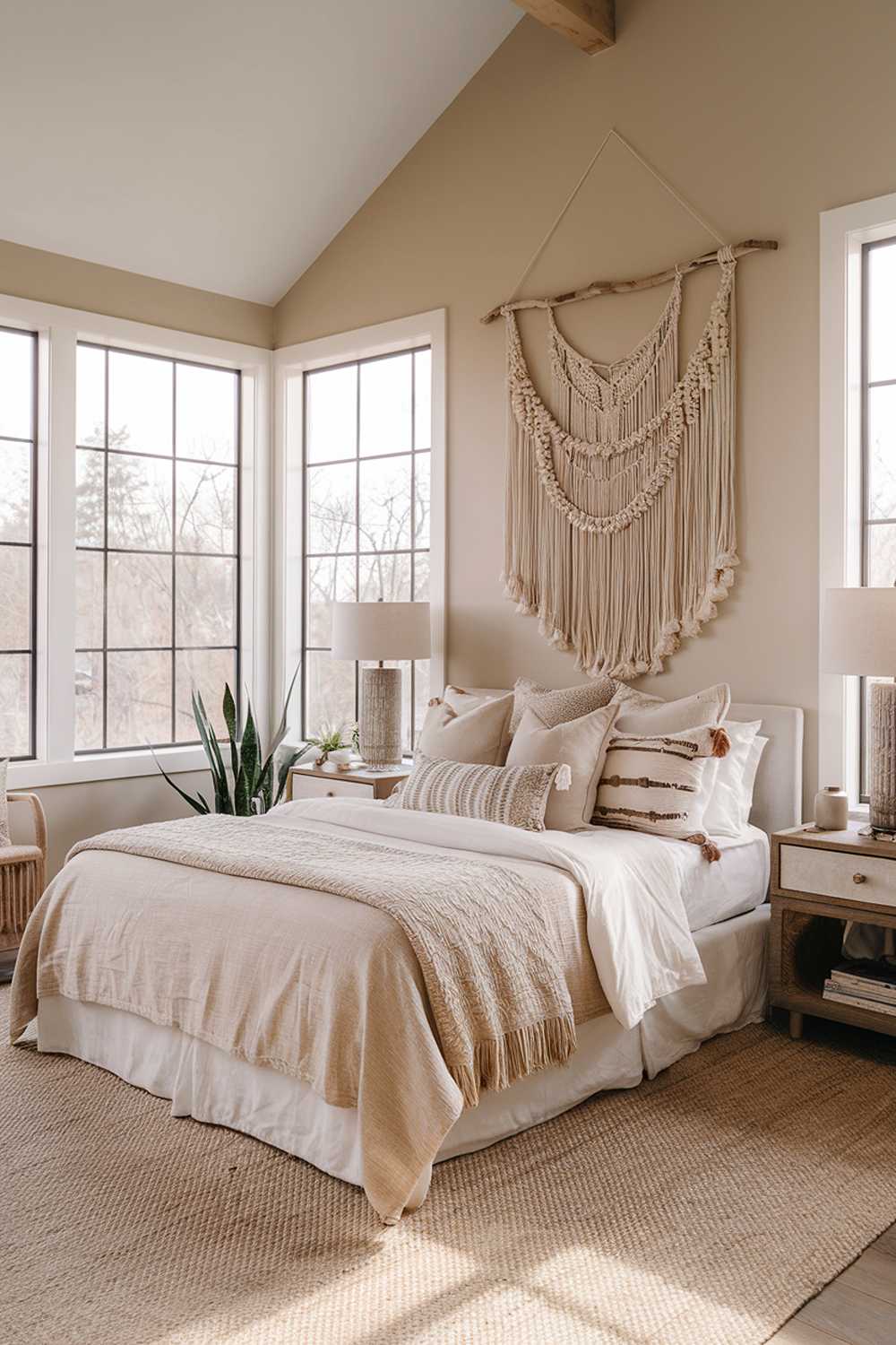 A modern boho bedroom decor. The room has a high ceiling and large windows allowing natural light to fill the space. The walls are painted in a soft beige color. A large macrame wall hanging hangs above the bed. The bed has a white frame and is dressed with a beige blanket and multiple pillows in various textures and patterns. The floor is covered with a large woven rug. The nightstand beside the bed has a lamp and a ceramic. The room contains a reading chair and a plant.