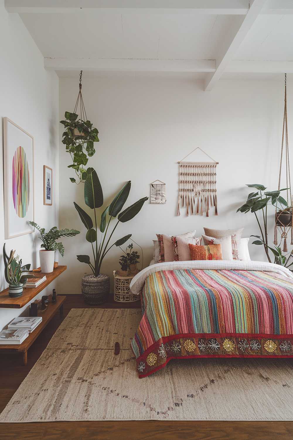 A modern boho bedroom decor. The room has a white wall, a wooden floor, and a beige area rug. There is a low wooden shelf near the wall, holding a few items. The room has a few plants, including a large potted plant near the shelf and a hanging plant near the ceiling. The bed is placed in the center of the room, with a colorful, patterned quilt and multiple pillows. The room has a few pieces of artwork on the wall and a few items on the shelf.