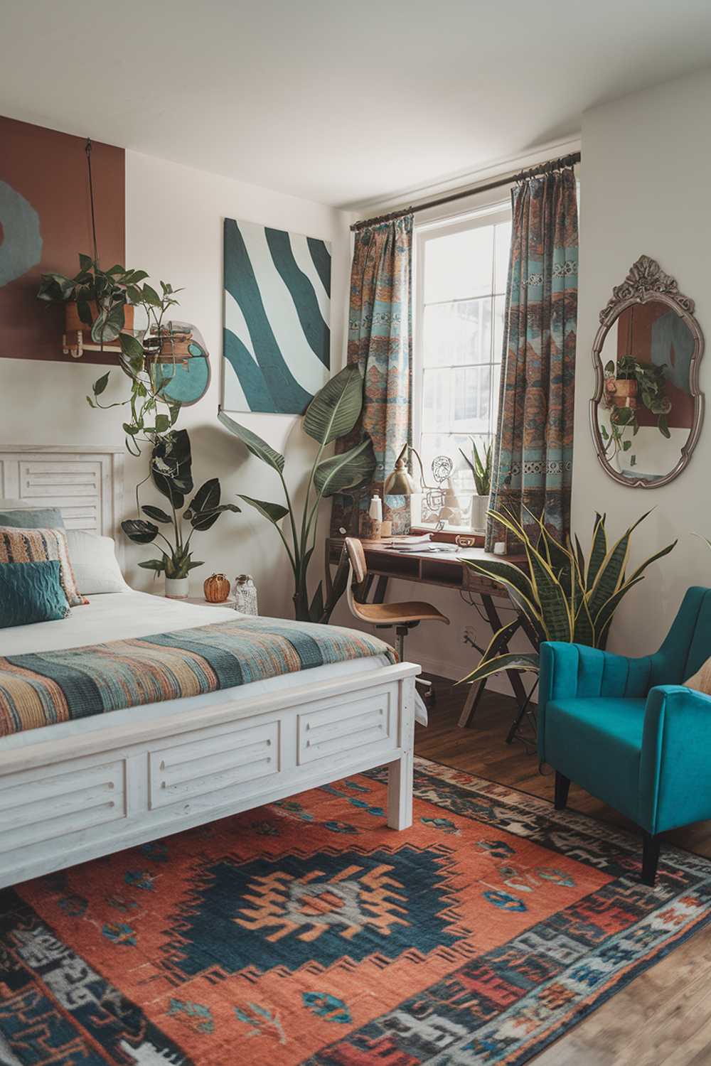 A colorful modern boho bedroom decor. The room has a white wooden headboard and a patterned rug. There are multiple plants, including a large one near the window. The walls are adorned with abstract art and a vintage mirror. The room has a desk with a lamp and a chair. There's a teal accent chair in the corner. The overall color scheme is earthy with pops of blue and teal.