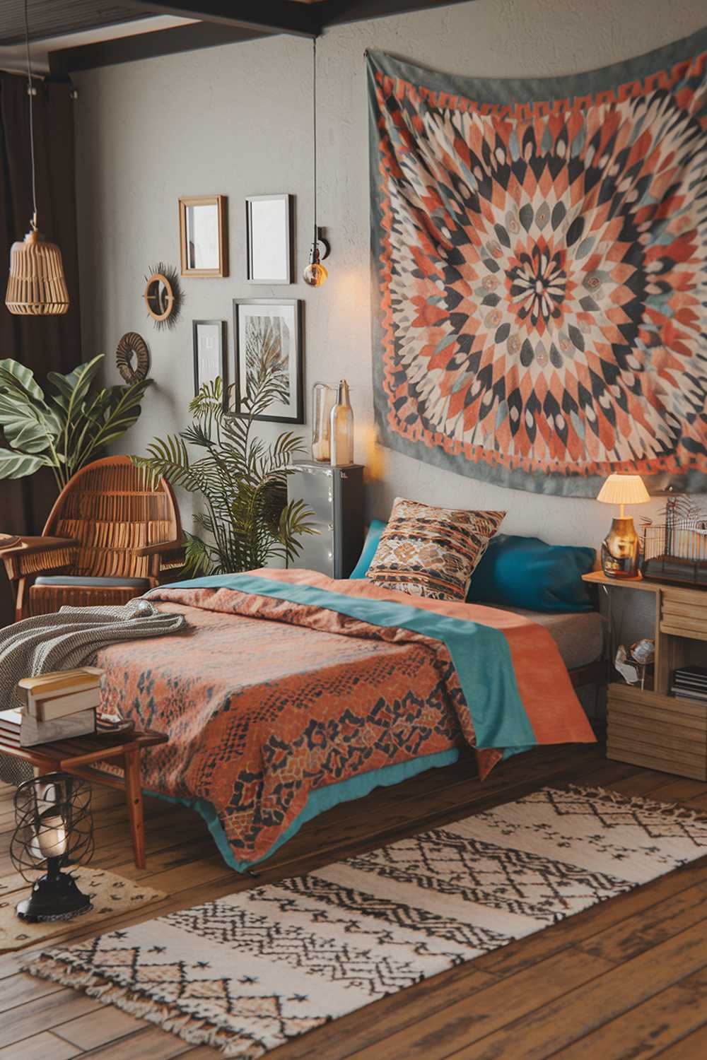 A modern boho bedroom decor. The room has a wooden floor and features a queen-size bed with a patterned orange and blue throw pillow. The wall is adorned with a large, colorful tapestry and several photo frames. There is a wooden chair near the bed. The room has a patterned rug and a few decorative items, including a plant, a lantern, and a wooden box. The lighting is warm and soft.