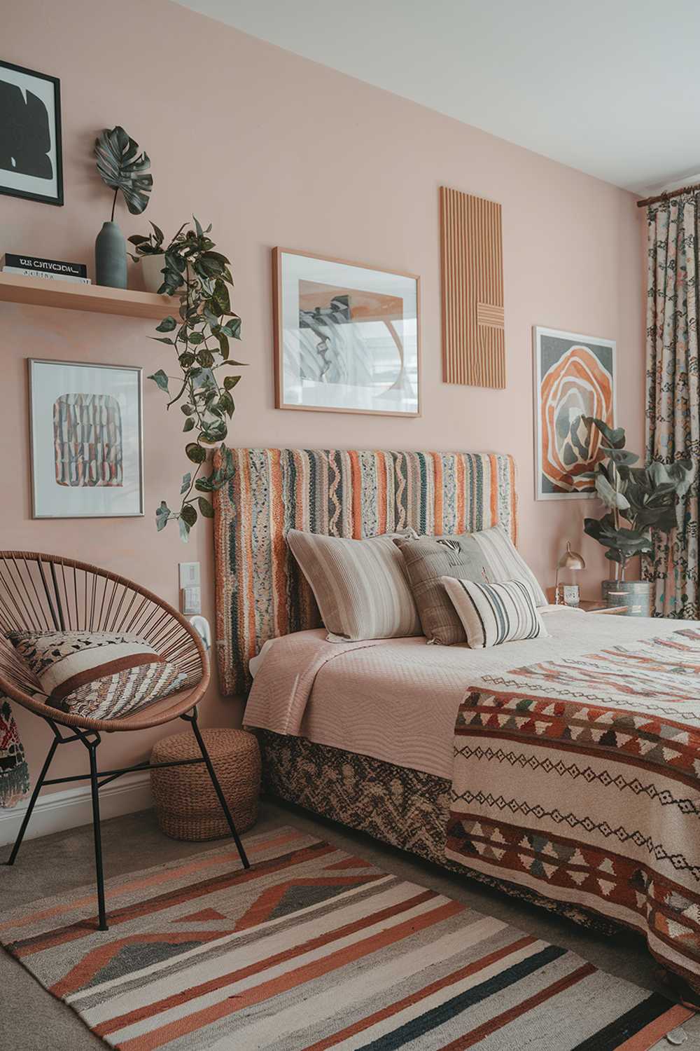 A modern boho bedroom with a cozy atmosphere. The room has a colorful decor with a mix of patterns and textures. There is a bed with a patterned headboard, a few pillows, and a rug. The walls have some artwork and a plant. The floor has a rug. There is a chair with a patterned cushion near the bed. The room has some items on a shelf, including a plant, a book, and a decorative object. The lighting is soft.