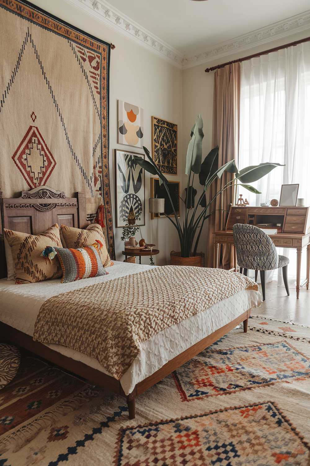 A stylish modern boho bedroom decor with a high level of detail. The room contains a queen-size bed with a woven patterned duvet and multiple decorative pillows. There's a wooden headboard with carved details. The room has a vintage desk with a patterned chair near the window. There's a large potted plant near the desk. The walls are adorned with a large tapestry and various pieces of artwork. The floor is covered with a patterned rug.