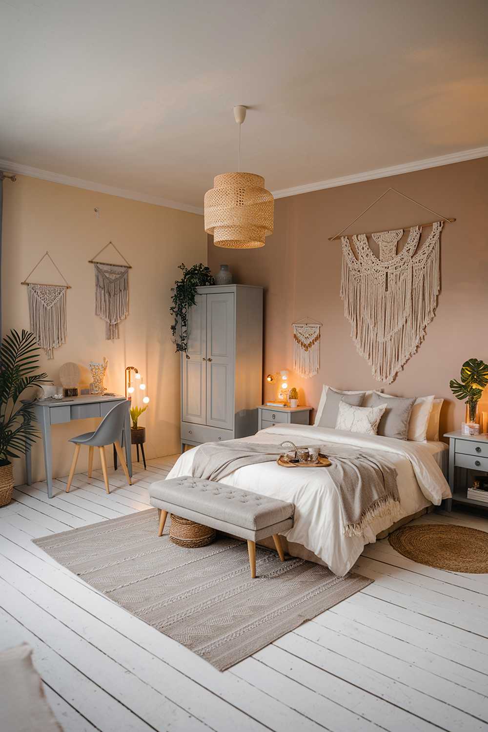 A modern boho bedroom decor. The room has a white wooden floor and is mainly painted in soft beige and grey tones. There are various furniture pieces, including a bed, a wardrobe, a nightstand, and a desk. The bed is adorned with a white duvet cover and grey pillows. The nightstand and desk have wooden legs and are painted grey. There is a large macrame wall hanging above the bed. The room also contains a potted plant, a rug, and decorative items. The lighting is warm.