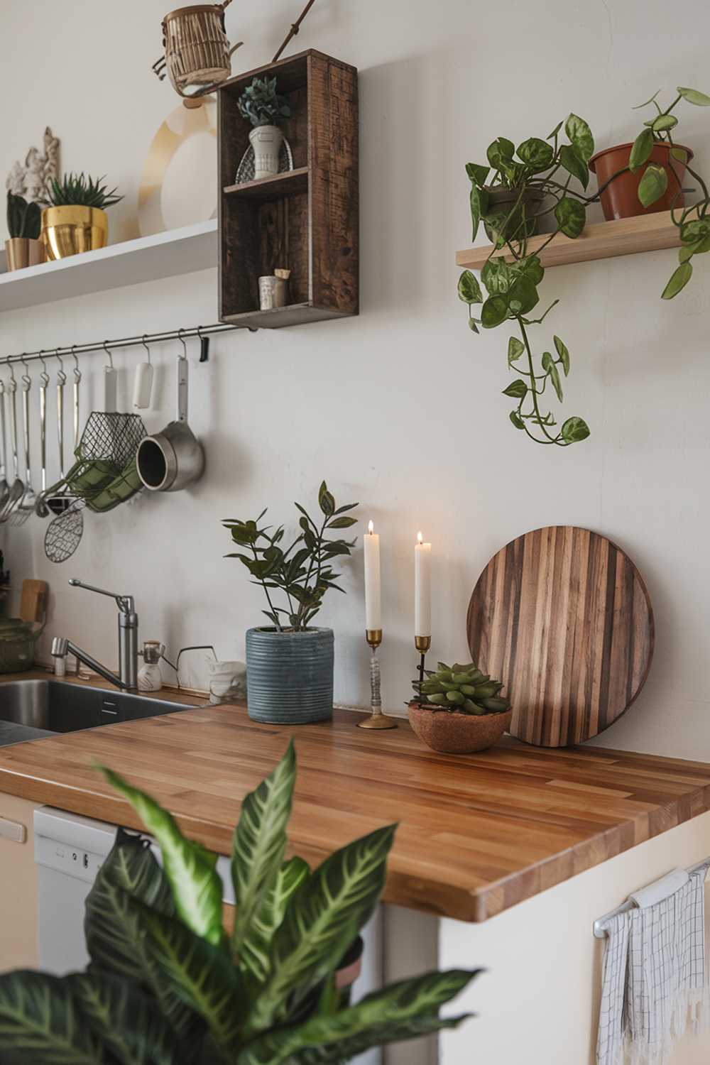 A modern boho kitchen decor. The kitchen has a wooden countertop and a few items on it, including a candle, a plant, and a bowl. There is a green plant in a pot near the countertop. The walls have some decorative items, such as a wooden box and a few potted plants