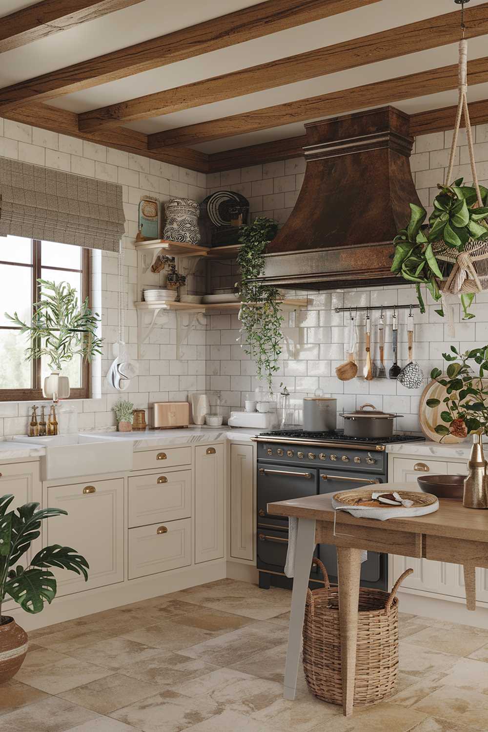 A stylish modern boho kitchen decor with a highly detailed, rustic charm. The kitchen has a wooden beam ceiling, white cabinets with brass knobs, and a marble countertop. There's a vintage oven, a rustic range hood, and a wooden table with a woven basket. The room is filled with greenery, including a potted plant near the window and a hanging plant above the table. There are also a few decorative items, such as a ceramic dish and a wooden spoon. The floor is made of beige tiles.