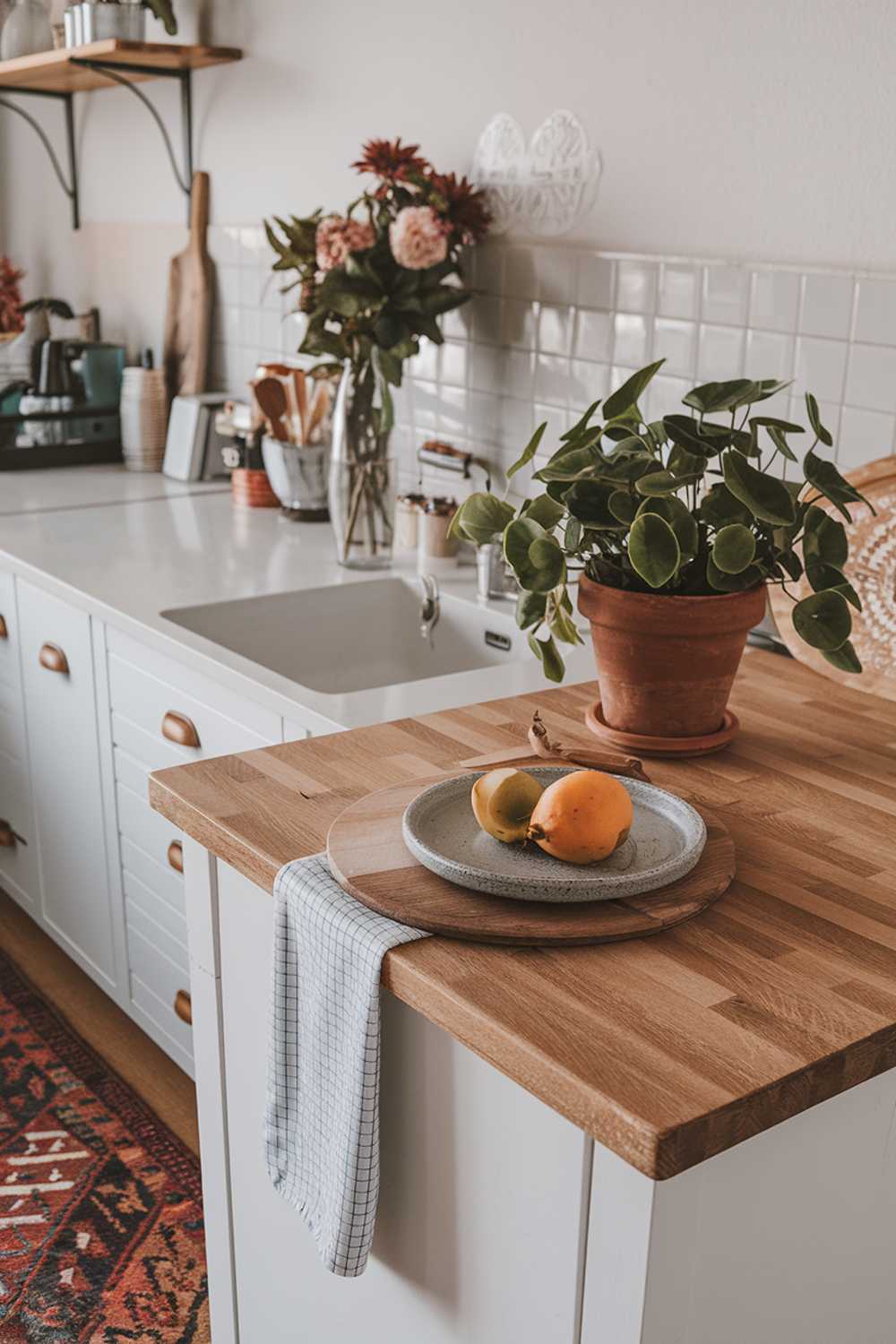 A stylish modern boho kitchen decor. The kitchen has a white cabinet and a wooden countertop. There's a potted plant on the countertop. A vase with flowers is placed on the cabinet. A wooden spoon and a plate with a fruit are placed on the countertop. The floor has a patterned rug.