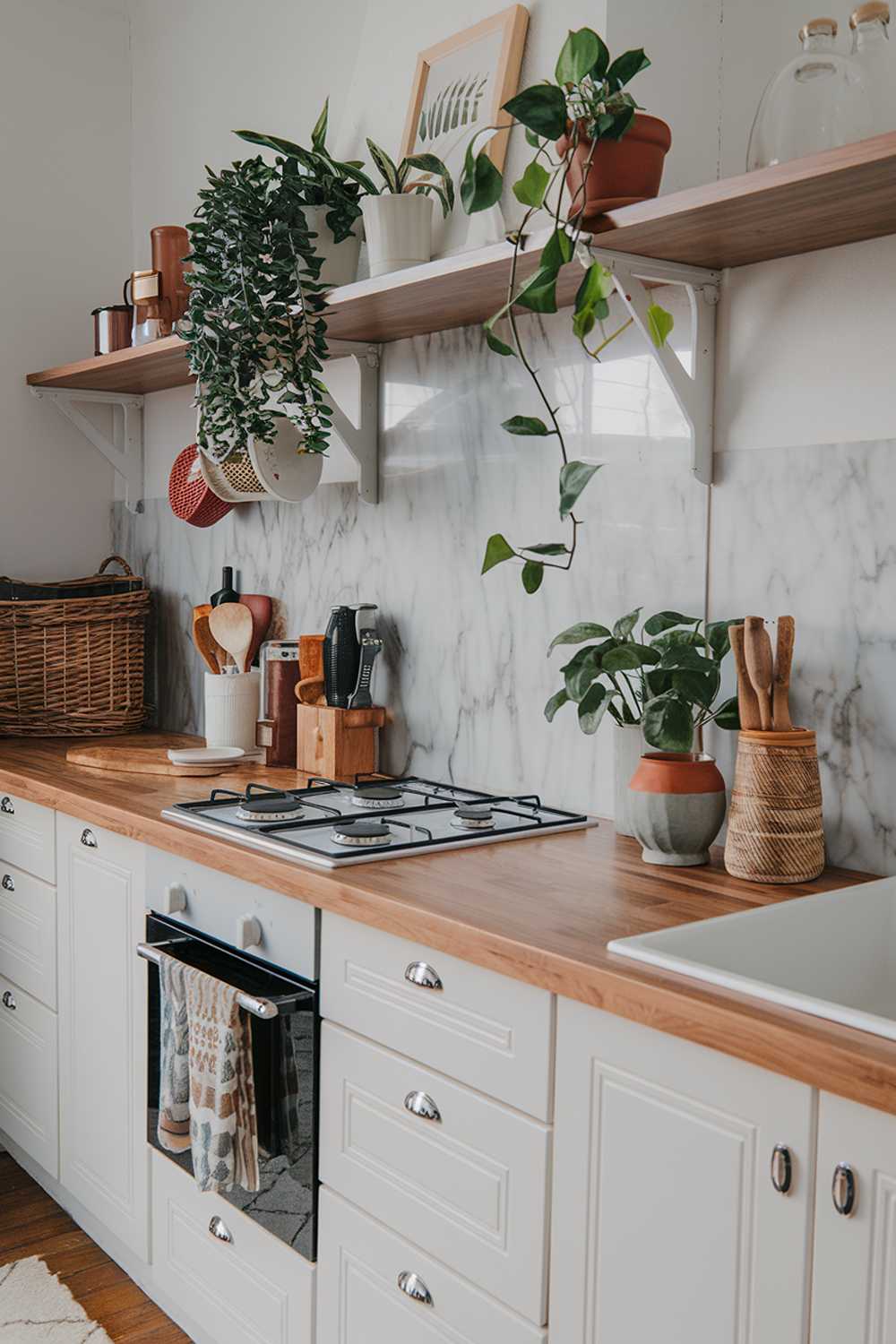 A highly detailed cozy modern boho kitchen decor with a wooden countertop, white cabinets, and a marble backsplash. There is a plants hanging above the stove and a few potted plants on the countertop. A wicker basket and a wooden spatula are placed near the sink. The floor is covered with a white rug.