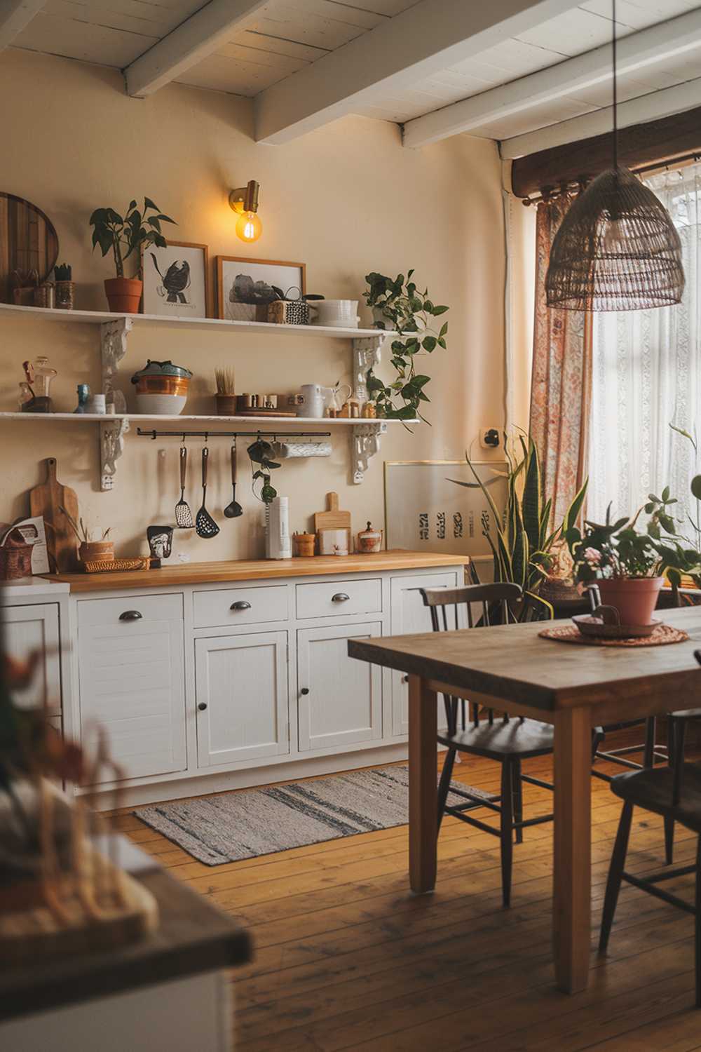 A cozy modern boho kitchen with a rustic charm. The kitchen has a white cabinet with a few shelves. A wooden table with a few chairs is placed in the kitchen. There are potted plants, decorative items, and cooking utensils on the shelves and table. The room has wooden flooring and a few rugs. The lighting is warm.