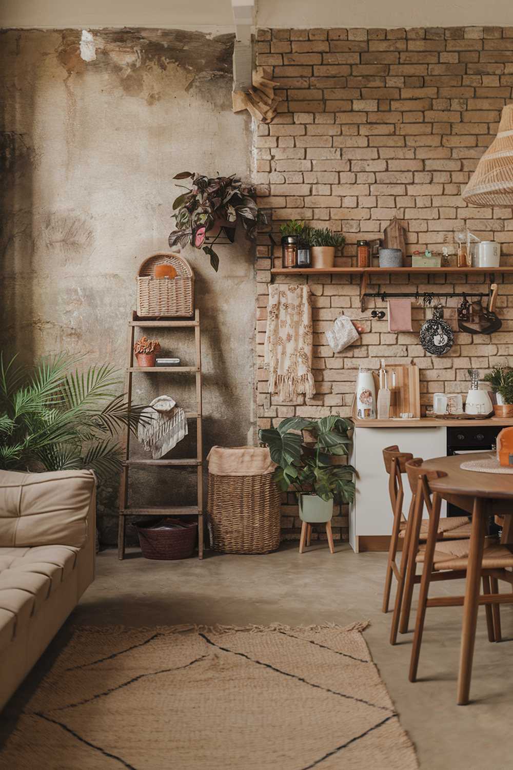 A modern boho kitchen with a variety of decor items. The kitchen has a rustic exposed brick wall, a wooden shelf, and a few potted plants. There is a vintage wooden ladder against the wall, with a wicker basket and a few items on top. The floor is covered with a large rug. A beige sofa and a wooden dining table with chairs are placed in the kitchen. The room has a warm lighting.