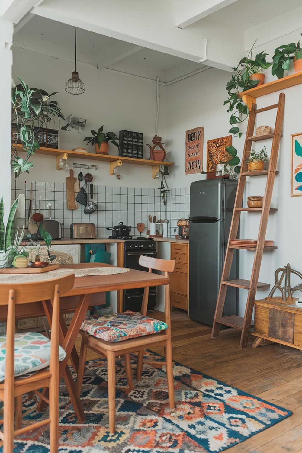 A cozy modern boho kitchen with a vintage touch. The room has a wooden table with a patterned rug beneath it. There are wooden chairs with colorful cushions. The walls have green plants and a few pieces of art. The kitchen has a few cabinets, a stove, and a refrigerator. There's a wooden ladder against the wall, with a few potted plants on the top shelf. The floor is made of wood.