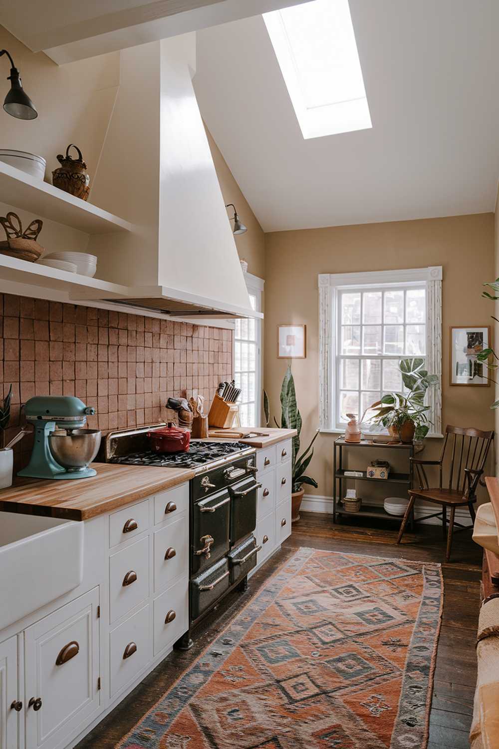 A modern boho kitchen with a high ceiling and a skylight. The kitchen has white cabinets, a butcher block counter, and a backsplash made of terra cotta tiles. There's a vintage stove, a mixer on the counter, and a potted plant near the window. The floor is covered with a patterned rug. The room has a few pieces of furniture, including a wooden chair and a console table. The walls are painted beige.