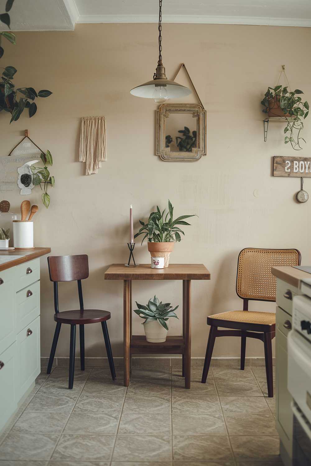 A cozy modern boho kitchen. There's a wooden table in the middle of the room with a plant pot and a candle on it. There are two chairs, one with a wooden backrest and the other with a woven backrest. There's a vintage light fixture hanging above the table. The walls are painted in a soft beige colour and have some decorative items hung on them, including a mirror, a wooden sign, and a few plants. The floor is covered with beige and grey patterned tiles.