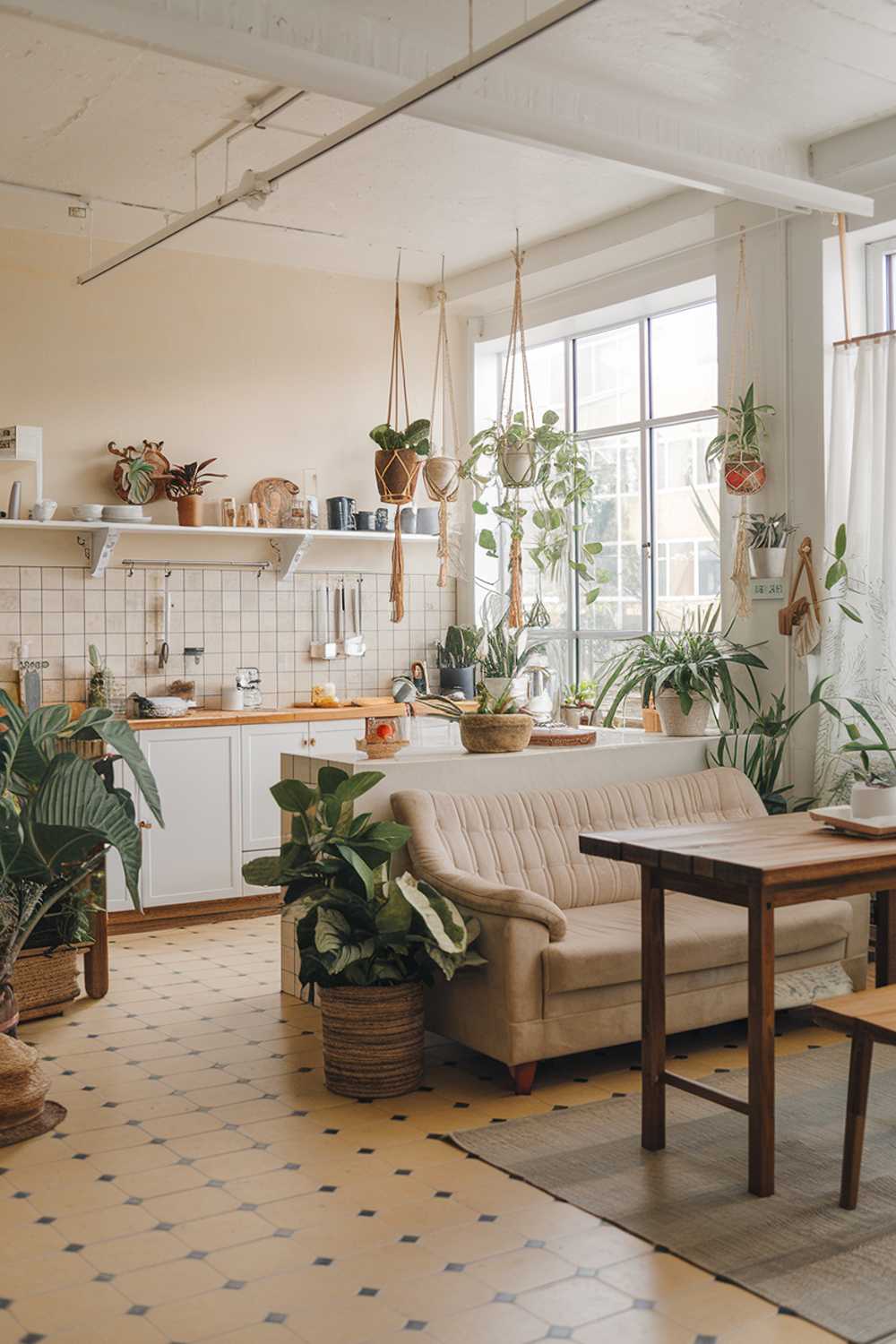 A modern boho kitchen with a wide shot. The kitchen has a rustic yet chic aesthetic. There's a beige sofa in the kitchen. There are various plants throughout the space, including hanging plants. A wooden dining table is placed near the sofa. The kitchen has a beige and black checkered floor.