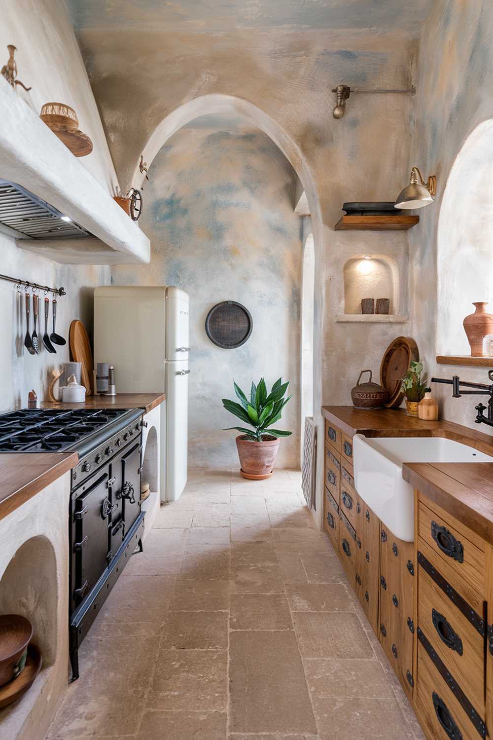 A modern boho kitchen with a high level of detail. The room has a rustic charm with a few industrial elements. The kitchen has a wooden cabinet with iron handles and a wooden countertop. There's a black stove with iron details, a white refrigerator, and a white sink. The walls have a textured, light-grey finish. The floor is made of large, beige tiles. There's a potted plant near the sink, and a few utensils are hanging above the stove. The room has a few decorative items, such as a wooden tray and a ceramic pot. The lighting is soft.