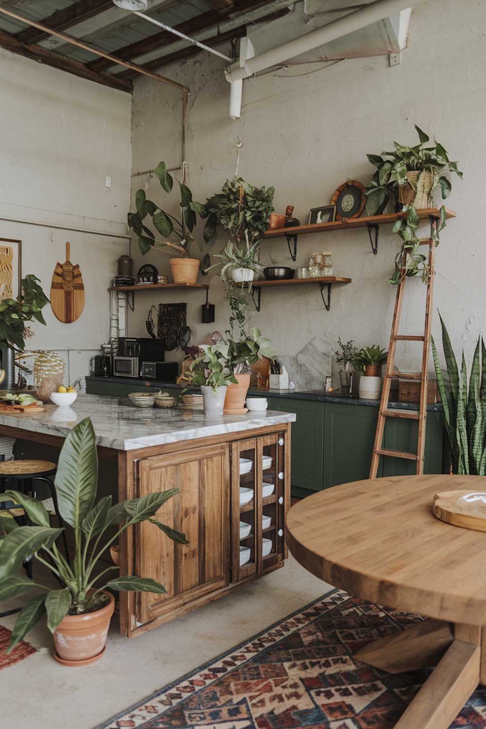 A cozy modern boho kitchen with a variety of textures and colors. The kitchen has a rustic wooden island with a marble countertop. There are multiple potted plants throughout the space. A wooden ladder leans against the wall, near the plants. The wall has a few shelves with decorative items. There is a large, round, wooden table near the island. The floor is covered with a patterned rug.