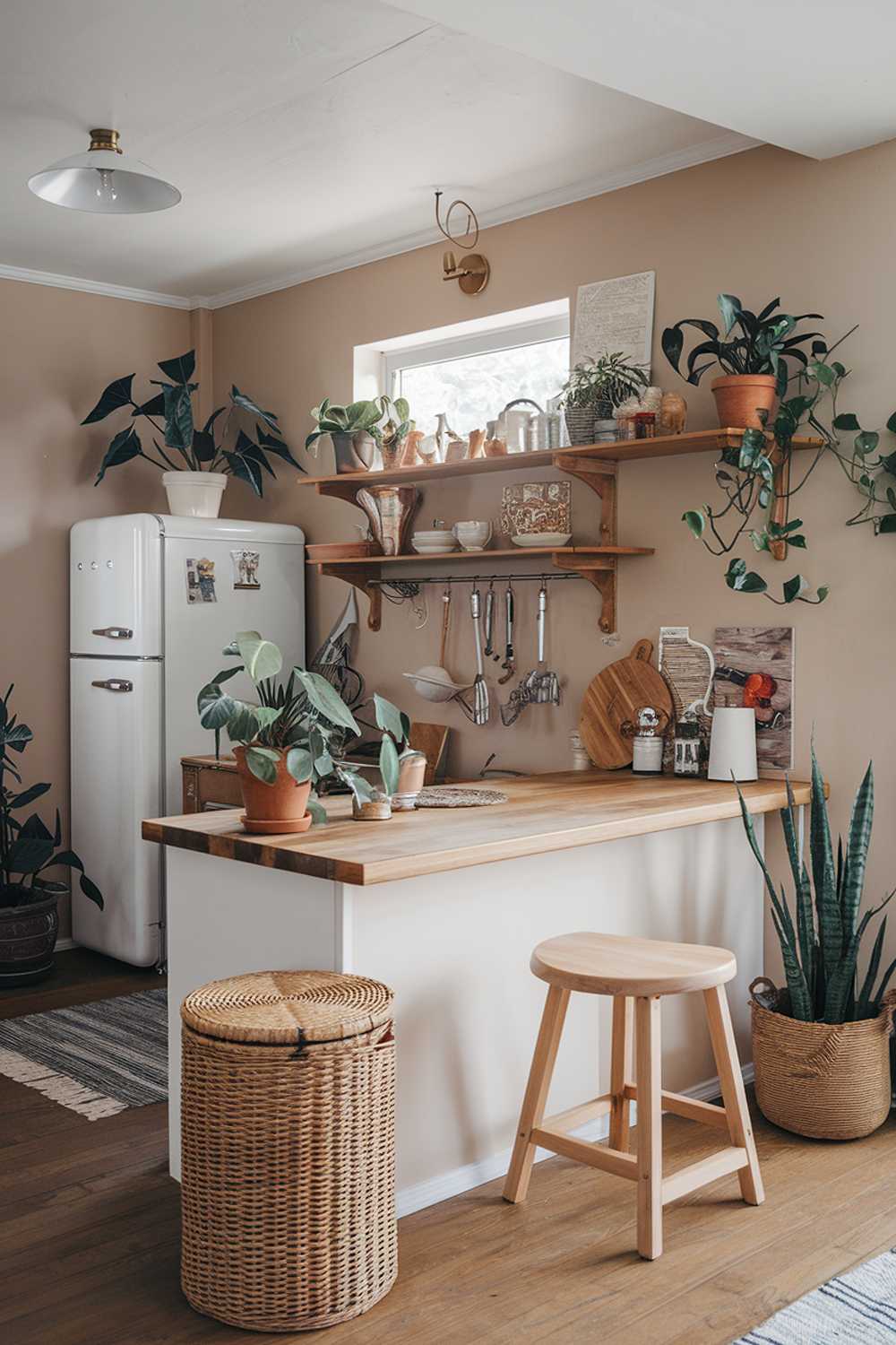 A cozy modern boho kitchen with a wooden countertop, a white refrigerator, and a variety of potted plants. There's a wicker basket, a wooden stool, and a few items on the countertop. The walls are painted beige, and there's a light fixture above the counter. The floor is made of wood.