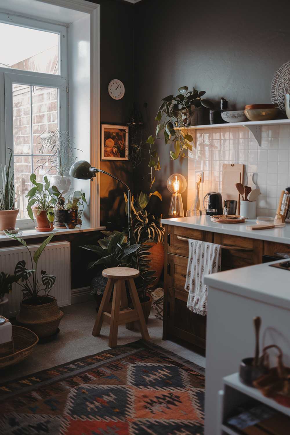 A modern boho kitchen with a dark grey wall, a white counter, and a wooden cabinet. There are potted plants near the window and on top of the counter. There is a vintage lamp near the plants. A wooden stool is placed under the counter. The floor is covered with a patterned rug. A few items, such as a basket, a dish, and a wooden spoon, are scattered around the kitchen. The lighting is warm.