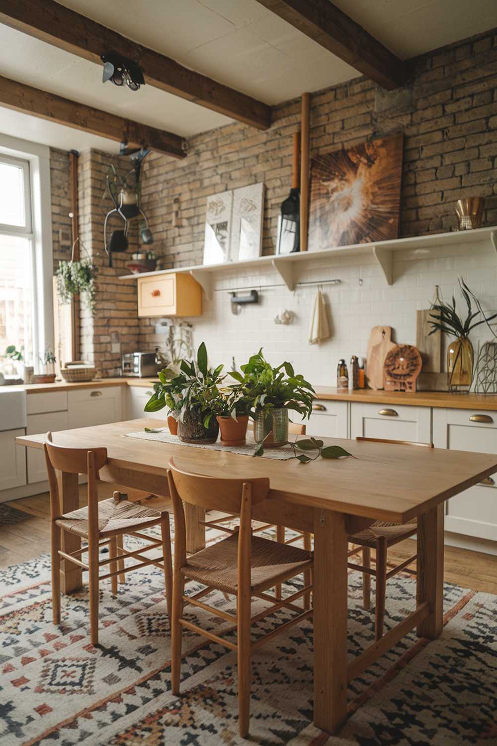 A modern boho kitchen decor. The kitchen has a rustic charm with exposed brick walls and wooden beams. There is a large wooden table in the middle of the room with chairs around it. The table has a greenery centerpiece with potted plants. The walls have some wall art and a few hooks. There is a shelf above the table with some decor items. The floor has a patterned rug.