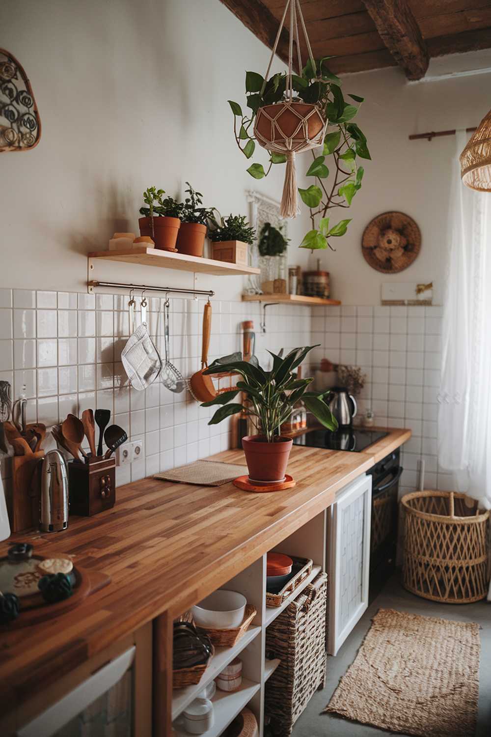 A modern boho kitchen with a detailed decor. The kitchen has a wooden countertop and a white backsplash. There's a potted plant on the counter. A hanging planter and a wooden shelf with potted plants are above the counter. There's a wicker basket and a woven rug on the floor. A few utensils and a kettle are placed on the counter. The walls have a few decorative items, including a light fixture. The room has a rustic charm with its wooden elements and natural materials.