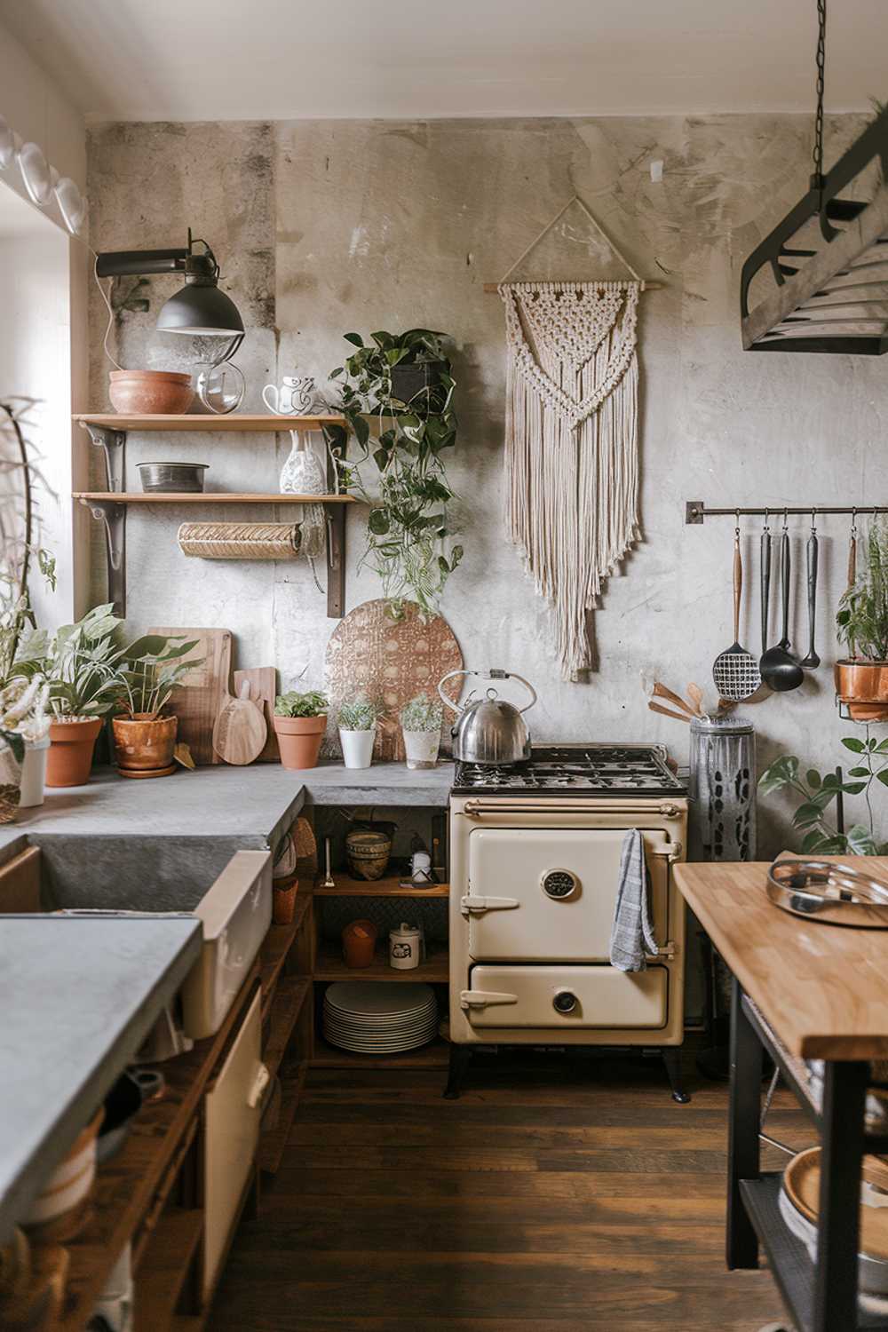 A modern boho kitchen decor with a high level of detail. The kitchen has a rustic charm with a mix of wood, metal, and concrete elements. There are potted plants, a macrame wall hanging, and a vintage lamp. The countertops are made of concrete. There is a vintage stove, a wooden island, and a metal rack. The floor is made of wood.