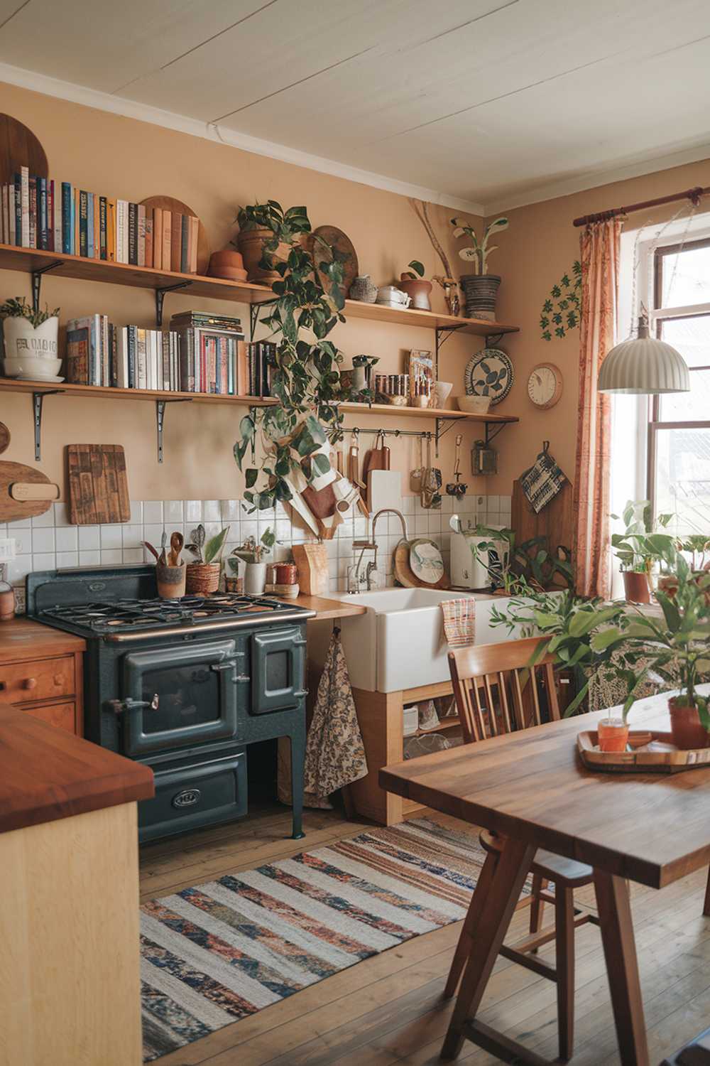 A modern boho kitchen. The kitchen has a warm color palette with wood elements, greenery, and vintage decor pieces. There's a wooden dining table in the kitchen and a vintage stove. The walls are decorated with shelves filled with cookbooks, potted plants, and decorative items. The floor is covered with a rug. There's a lamp near the window.