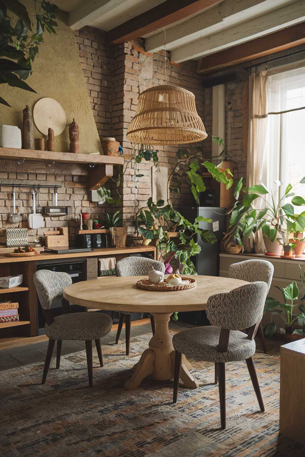 A modern boho kitchen with a highly detailed decor. The kitchen has a rustic aesthetic with exposed brick walls, wooden beams, and a wooden shelf. There's a large, round wooden table in the middle of the room. The table is surrounded by chairs with patterned upholstery. The room has a variety of potted plants, adding to the boho vibe. There are also some decorative items, such as a woven basket and a few books, scattered around the room.