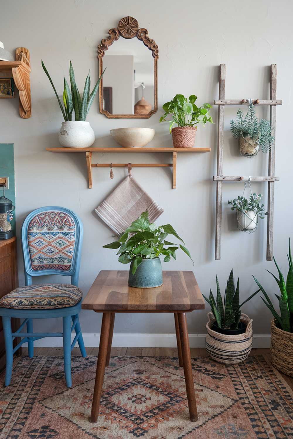 A modern boho kitchen with a variety of decorative items. There's a wooden table in the center with a green plant. On the wall above the table, there's a vintage mirror frame. Below the mirror, there's a wooden shelf holding a white ceramic pot with a green plant and a beige bowl. Next to the shelf, there's a blue chair with a patterned cushion. On the wall to the right, there's a rustic wooden ladder with a few hanging potted plants. The floor is covered with a patterned rug.