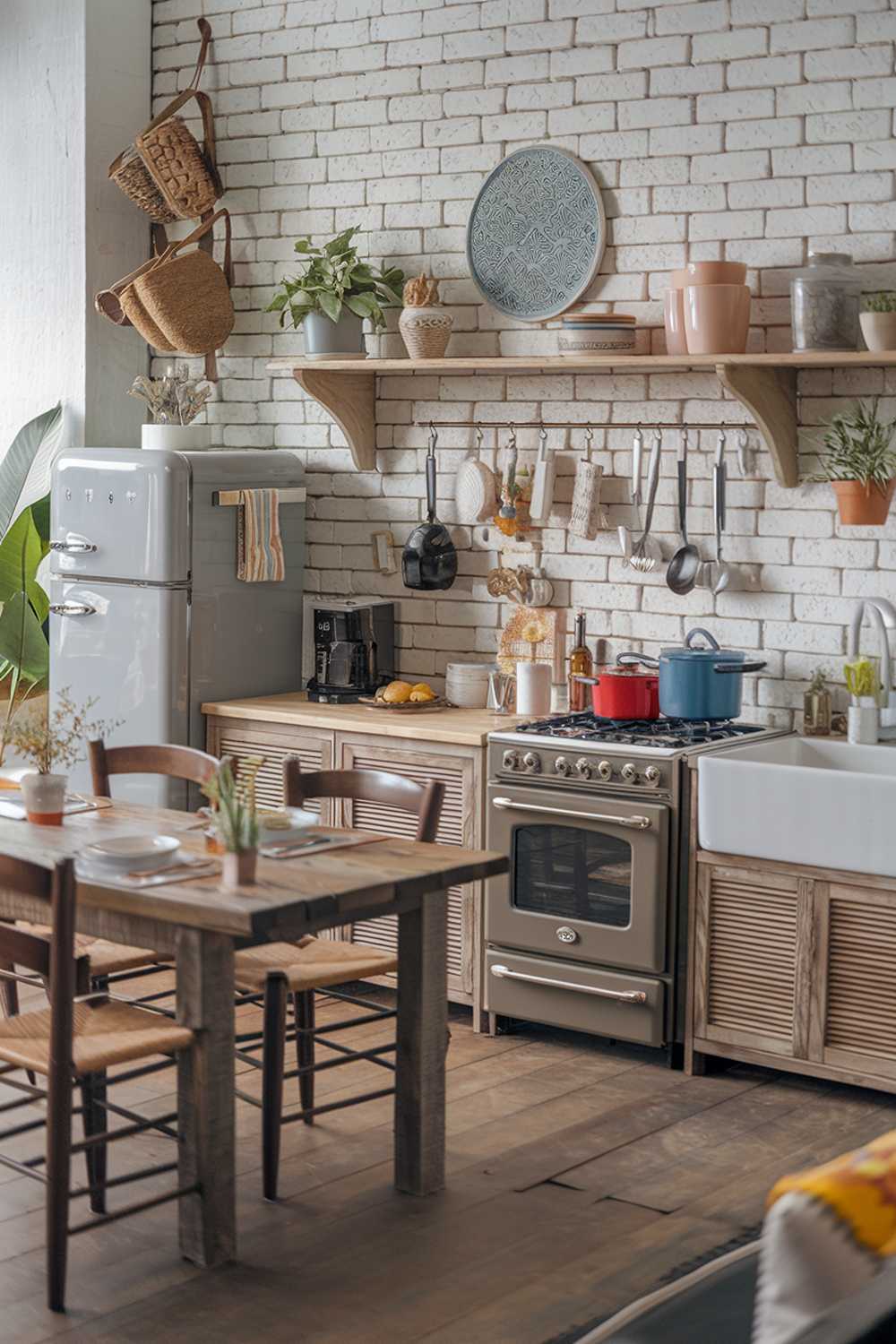 A modern boho kitchen. The kitchen has a rustic wooden table with chairs. There's a brick wall with a shelf and potted plants. The shelf has a decorative item. The kitchen has a stove, oven, refrigerator, and sink. There are pots, pans, and utensils hanging above the stove. The floor is made of wood.