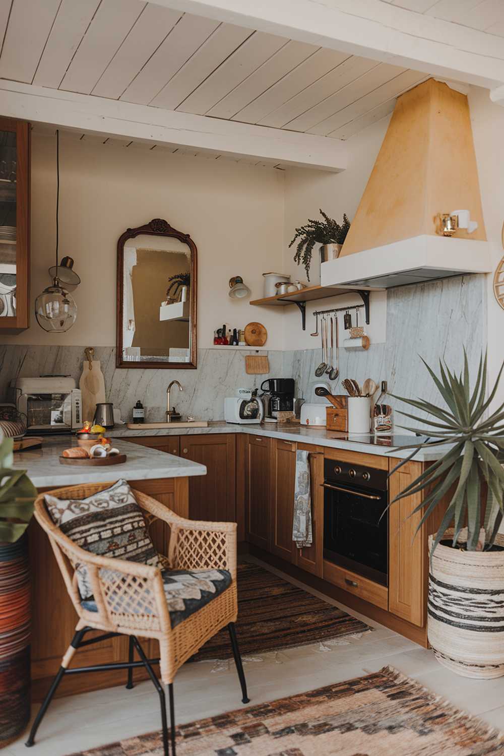 A cozy modern boho kitchen with a warm and inviting atmosphere. The kitchen has wooden cabinets, a marble countertop, and a built-in oven. There is a wicker chair with a patterned cushion near the counter. A potted plant adds a touch of greenery. The walls are adorned with a vintage mirror and a hanging lamp. The floor is covered with a rug. There are various kitchen utensils and ingredients scattered around the space.