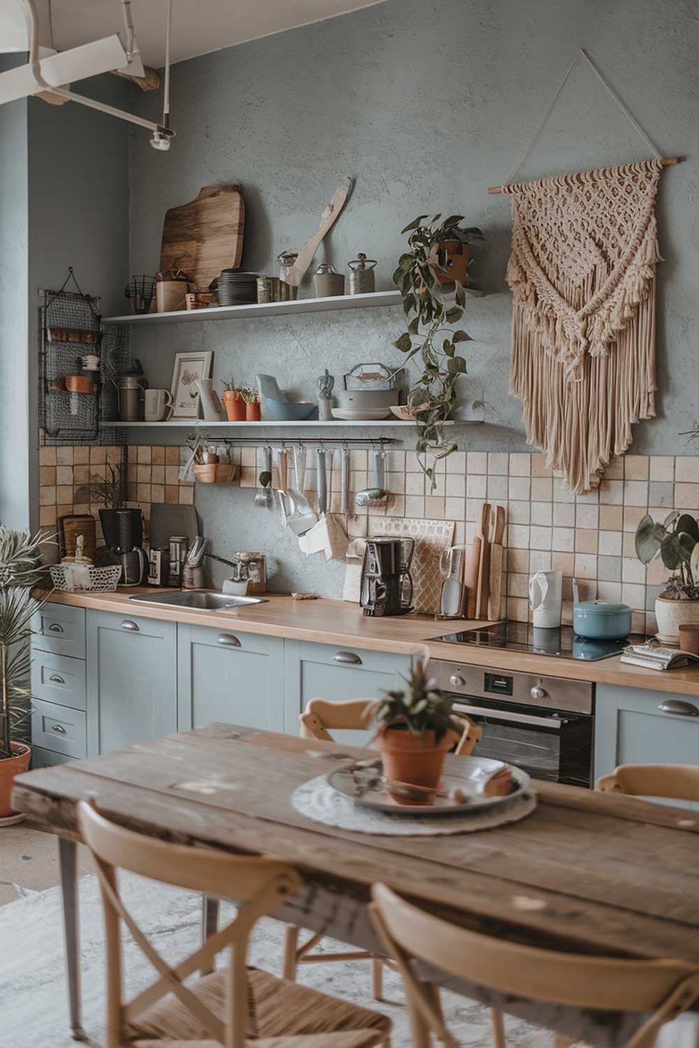 A modern boho kitchen decor. The kitchen has a rustic wooden table and chairs. There are potted plants and a macrame wall hanging. The backsplash is a mix of concrete and tile. The cabinets are painted in a soft blue hue. There are various kitchen items and utensils scattered around the space.