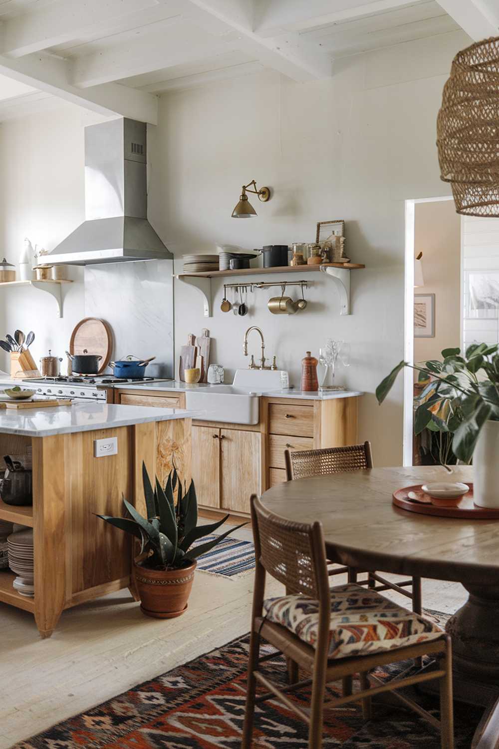 A modern boho kitchen decor. The kitchen has a wooden island with a marble top and is outfitted with a stove, a sink, and a few pots and pans. There's a large, round wooden table near the island. A few chairs are placed around the table, one of which has a patterned cushion. A potted plant sits on the floor near the table. The walls are painted white and have a few shelves. There's a vintage lampshade on one of the shelves. The floor is covered with a patterned rug. In the background, there's a doorway leading to another room.