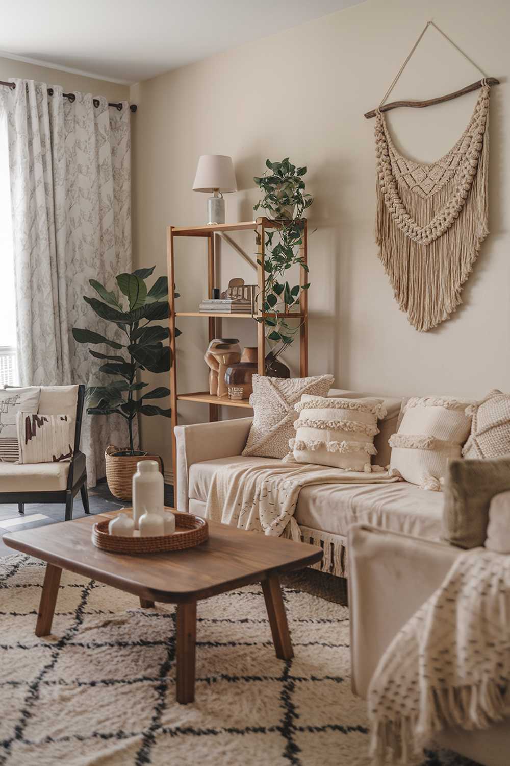 A modern boho living room decor. The room features a plush rug, wooden coffee table, and a beige sofa with decorative pillows. There's a macrame wall hanging, a potted plant, and a wooden shelf with a lamp and a few items. The room has a few pieces of furniture, including a chair and a side table. The walls are painted a light color.