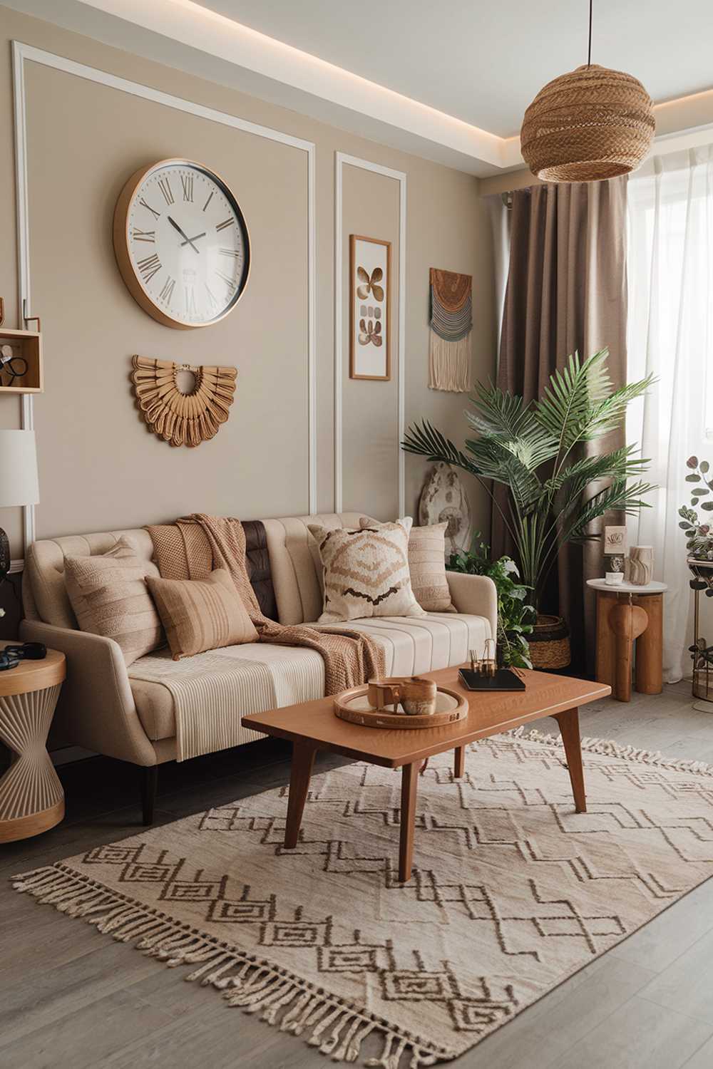 A cozy modern boho living room decor with a stylish and highly detailed design. The room has a beige sofa with plush cushions and a few throw pillows. There's a wooden coffee table in the middle of the room, with a few items on top. The walls are adorned with a large wall clock, a few picture frames, and a decorative item. The floor is covered with a large rug with a geometric pattern. There's a potted plant in the corner. The room has a few other items, such as a lamp, a side table, and a plant stand.