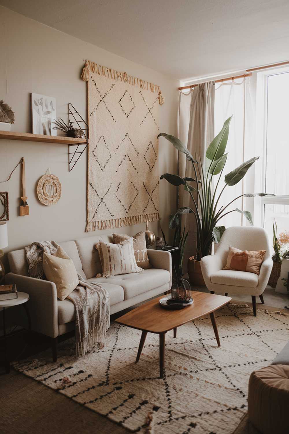 A cozy modern boho living room with a beige sofa, a white chair, and a wooden coffee table. There's a large plant near the window. The walls are decorated with a patterned rug, a few pillows, and a few items of decor. There's a wooden shelf above the sofa, holding a few decor items. The room has a few pieces of furniture, including a side table and a lamp. The room is illuminated by natural light through a window.