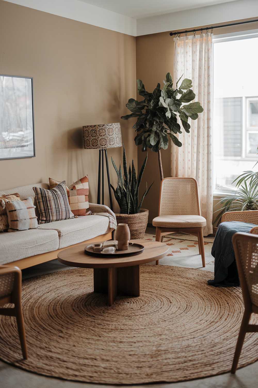 A modern boho living room with a few people. There's a beige sofa with cushions in various patterns. A wooden coffee table sits in the middle of the room. A few chairs are placed near the wall. A large, round rug covers the floor. A potted plant stands near the window. A lamp with a patterned shade is placed on the floor. The walls are painted beige.