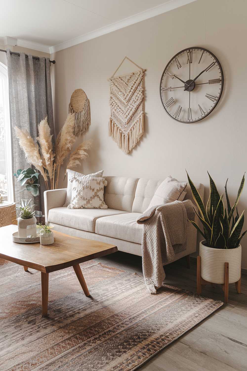 A modern boho living room with a stylish and cozy decor. The room has a beige sofa with a few cushions, a wooden coffee table, and a plant in a white pot. There's a large wall clock and a few decorative items on the wall above the sofa. The floor is covered with a large, patterned rug.