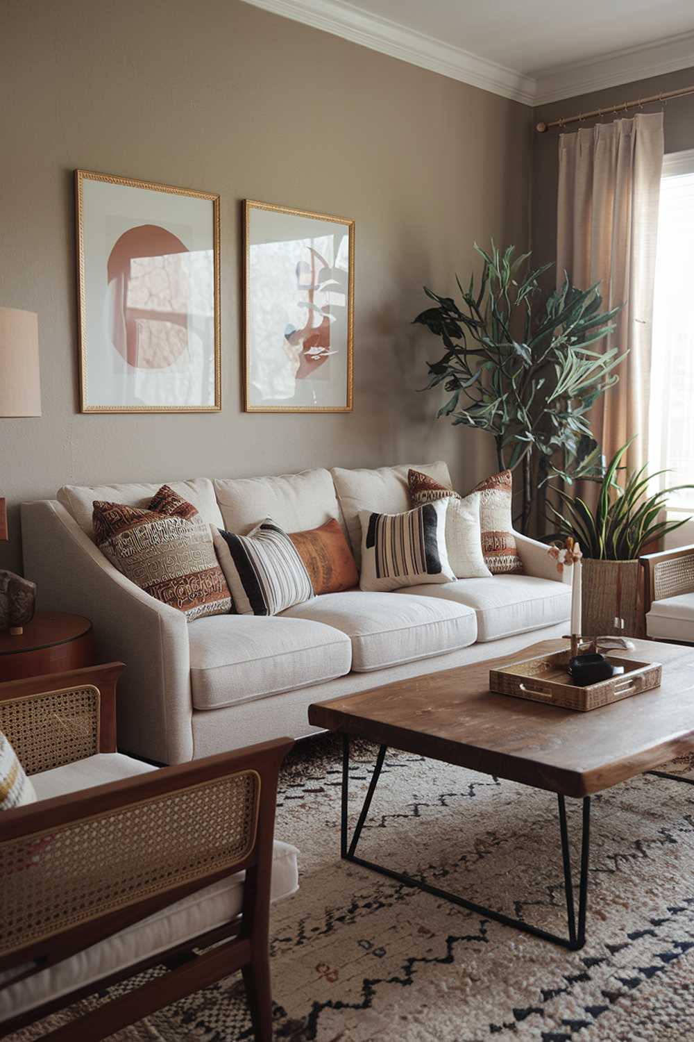 A modern bohemian house living room decor. The room has a beige sofa with toss pillows in various patterns. There is a wooden coffee table in the center of the room. A plant is placed on the side of the sofa. A rug with a geometric pattern is placed underneath the coffee table. A lamp with a beige shade is placed on the left side of the room. The walls are painted in a muted hue.