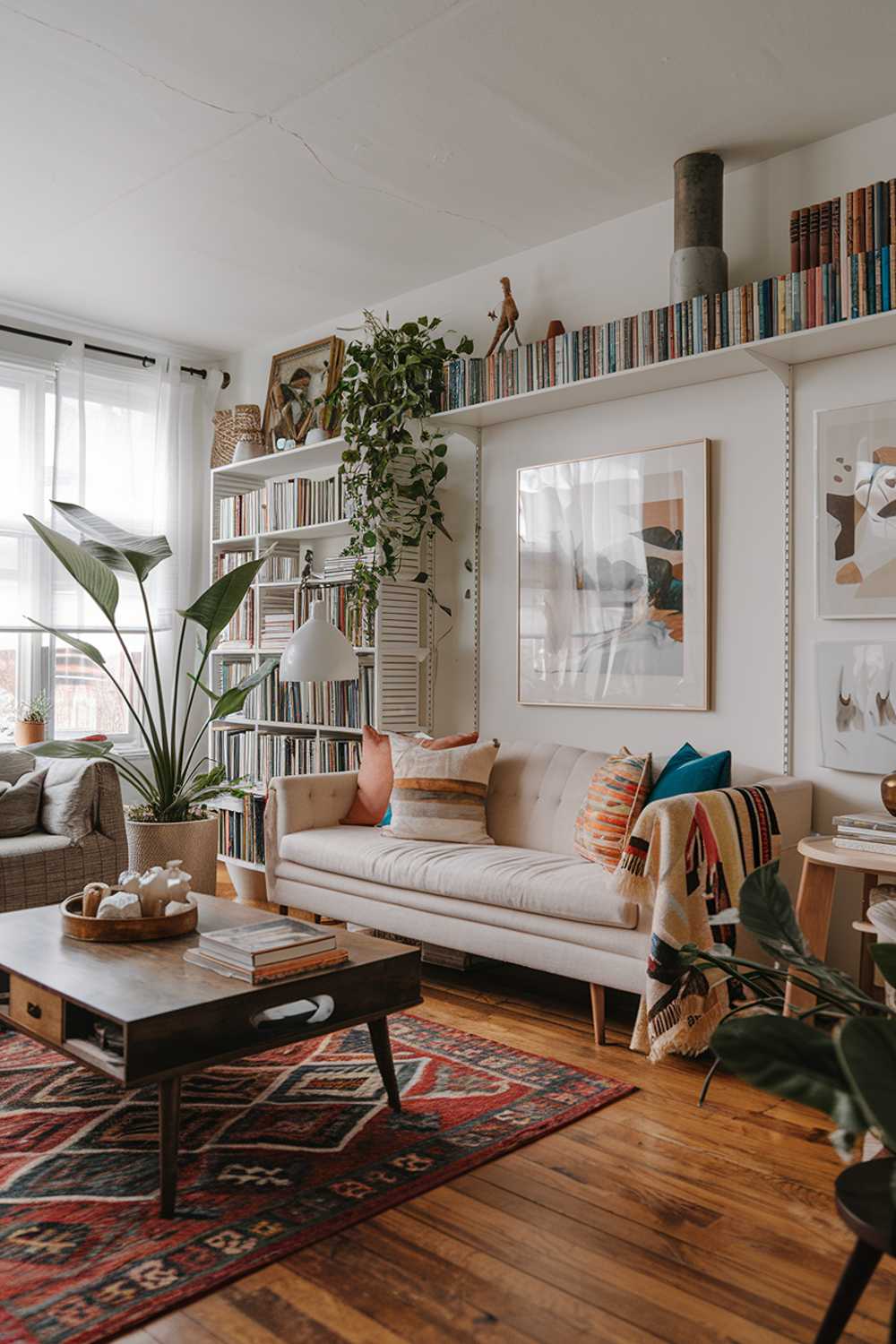 A modern bohemian house living room with a stylish and cozy atmosphere. The room features a beige sofa with colorful cushions, a white bookshelf filled with books and decorative items, and a large plant. There is a wooden coffee table with a patterned rug on top. The walls have a few pieces of art. There is a lamp near the sofa. The floor is made of hardwood.