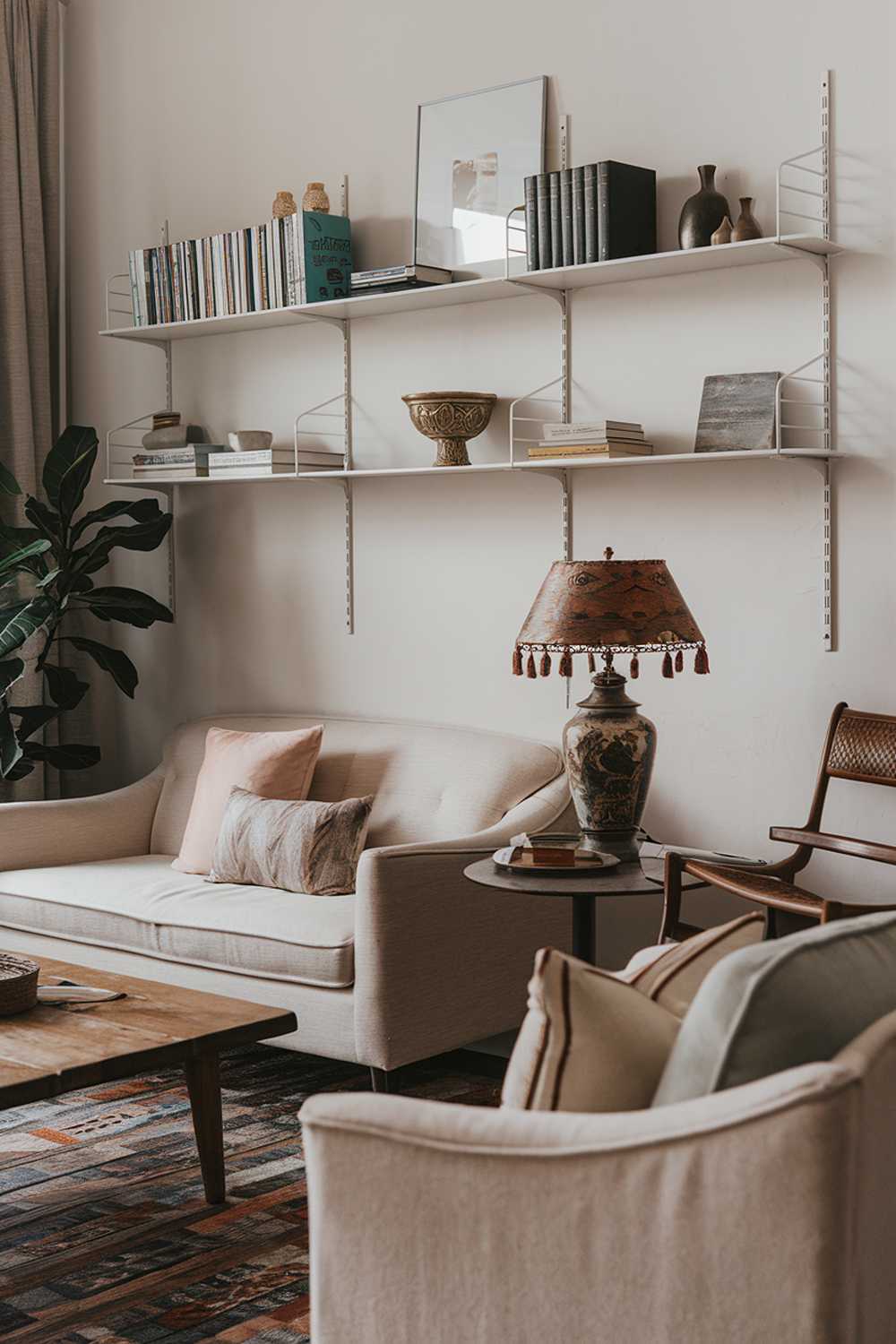 A modern bohemian-style living room. There is a beige sofa, a few cushions, a wooden coffee table, and a potted plant. A vintage lamp with a patterned shade is placed on the table. There's a wall with multiple shelves, holding books, a decorative bowl, and a few items. The floor is covered with a patterned rug