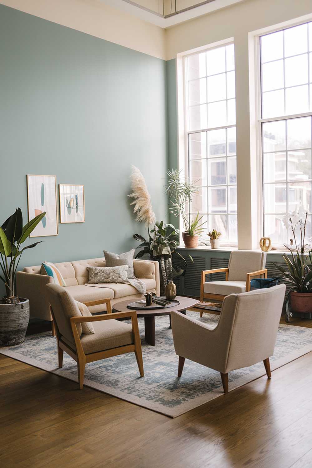 A modern bohemian living room with a stylish and cozy design. The room has a beige sofa, a few chairs, and a coffee table. There are also a few plants and decorative items scattered around the room. The walls are painted a soft blue colour. The floor is made of wood. Large windows let in natural light.